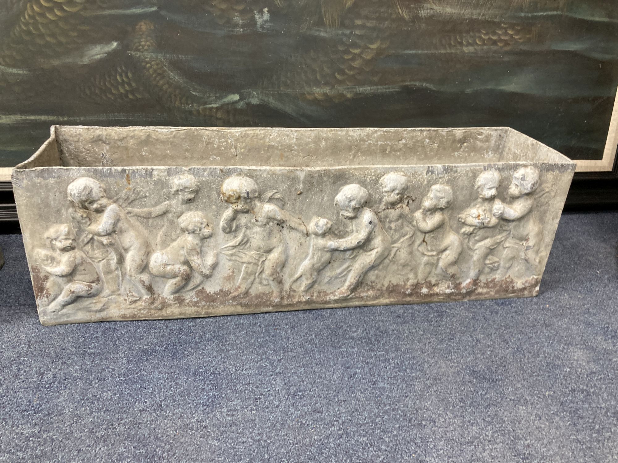 A pair of rectangular lead garden planters, width 68cm, depth 18cm, height 20cm